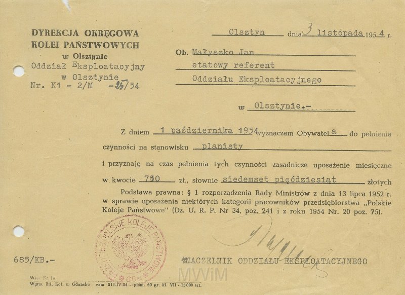 KKE 5639.jpg - Dok. Pismo z Dyrekcji Okręgowej Kolei Państwowych w Olsztynie do Jana Małyszko dotyczące uposażenia podstawowego, Olsztyn, 3 XI 1954 r.